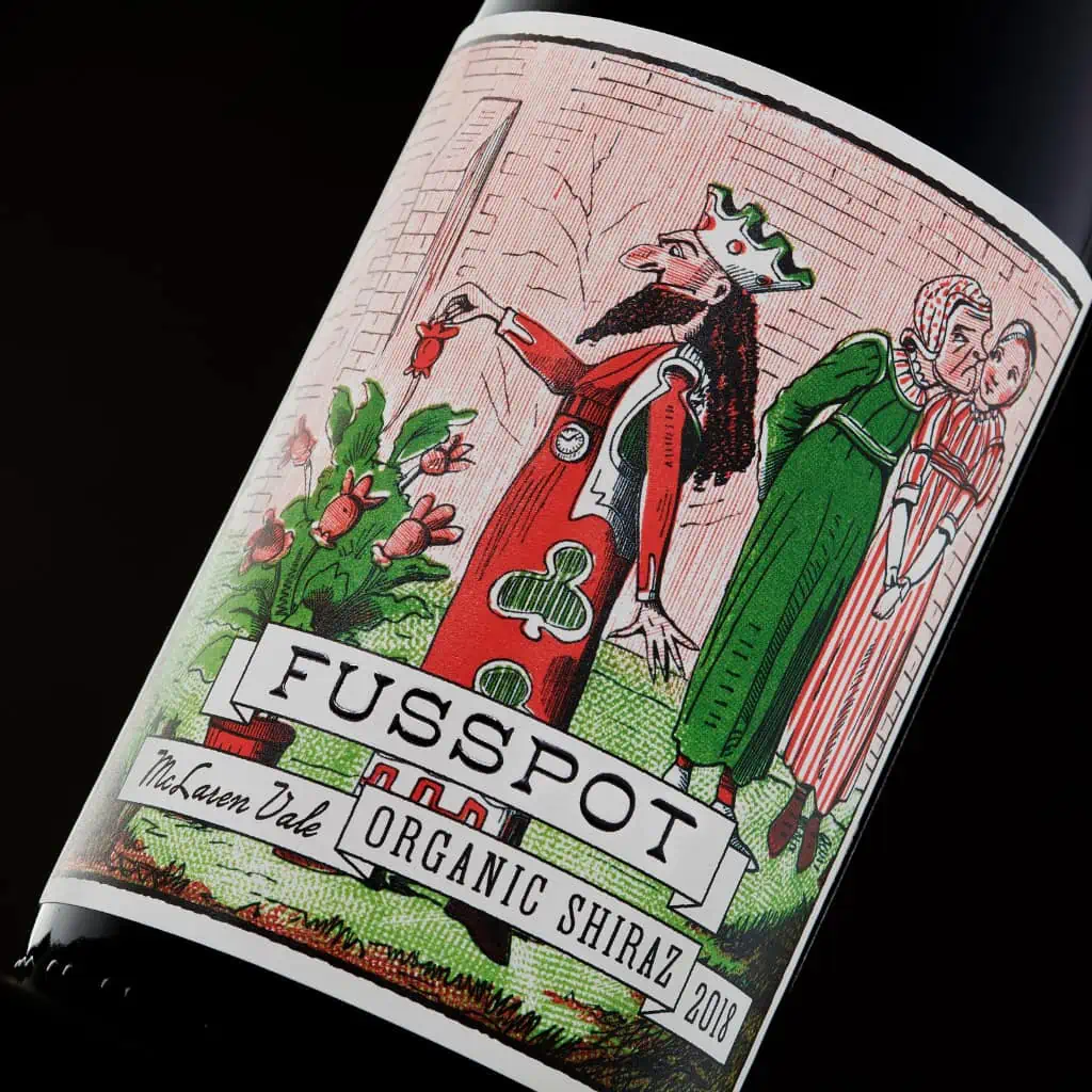 Fusspot branded wine bottle label with stand out artwork