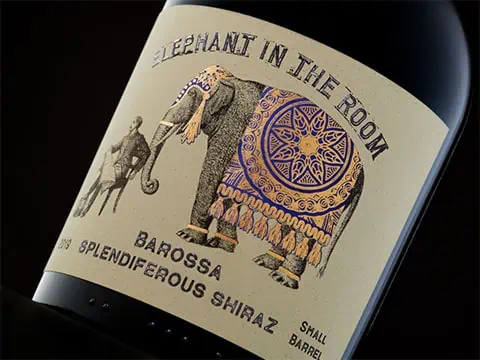 Elephant in the room branded wine bottle label with illustrative artwork