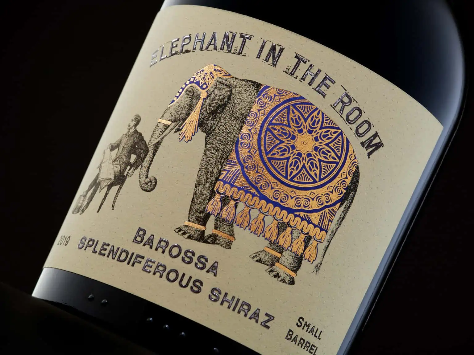 Elephant in the Room branded wine bottle label with stand out artwork